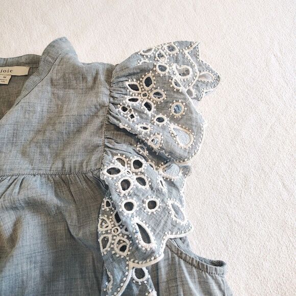 Joie Chambray Eyelet Blue Flutter Sleeve Blouse Peasant Coastal Preppy Boho M - Picture 5 of 9